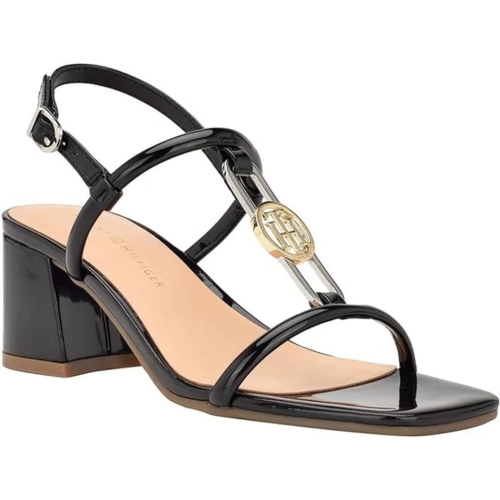 TOMMY HILFIGER Cones Block Heel Black Patent Sandals Shoes 9.5 EUC